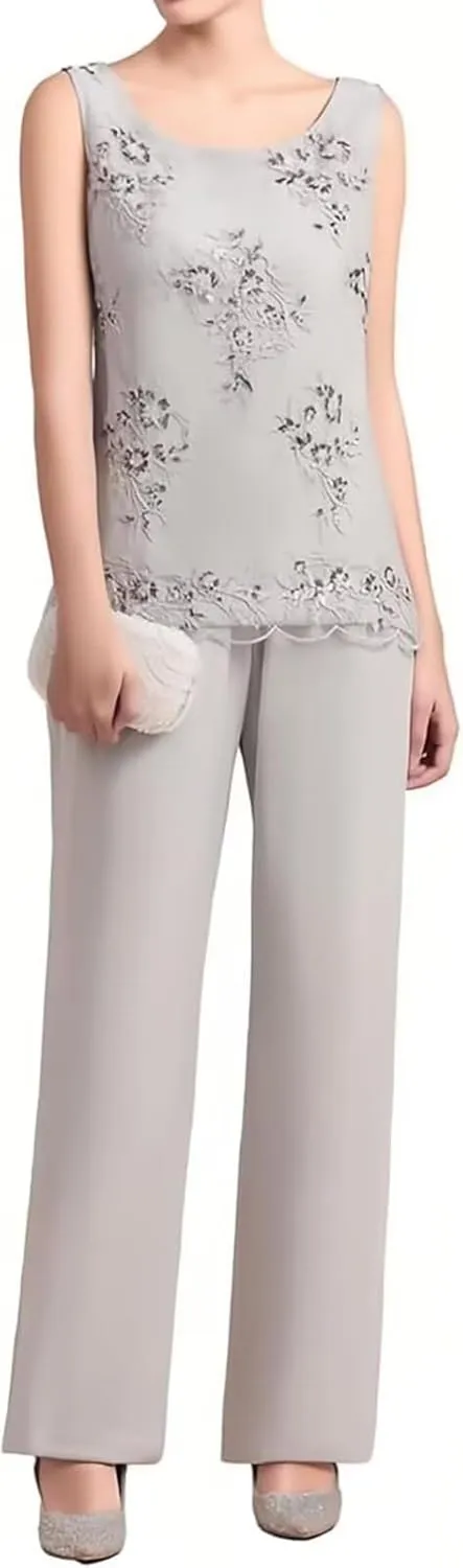 Women's 3 pcs Mother of The Bride Pant Suits Dressy Casual Long Sleeve Pantsuit for Wedding Guest