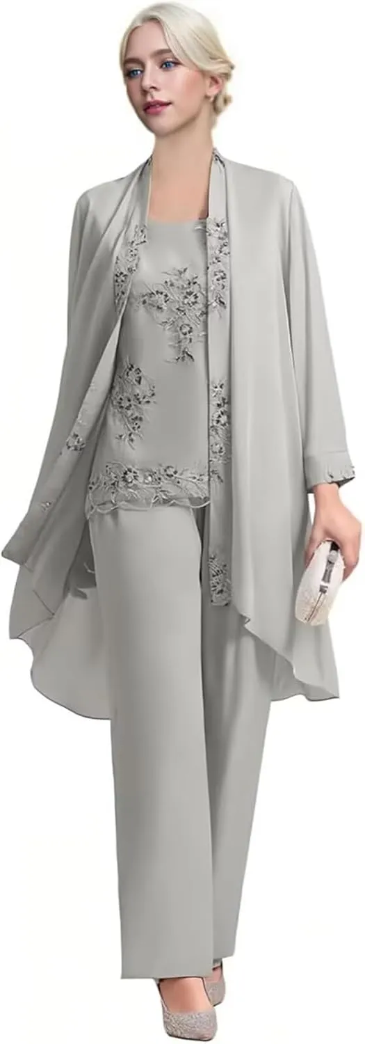 Women's 3 pcs Mother of The Bride Pant Suits Dressy Casual Long Sleeve Pantsuit for Wedding Guest