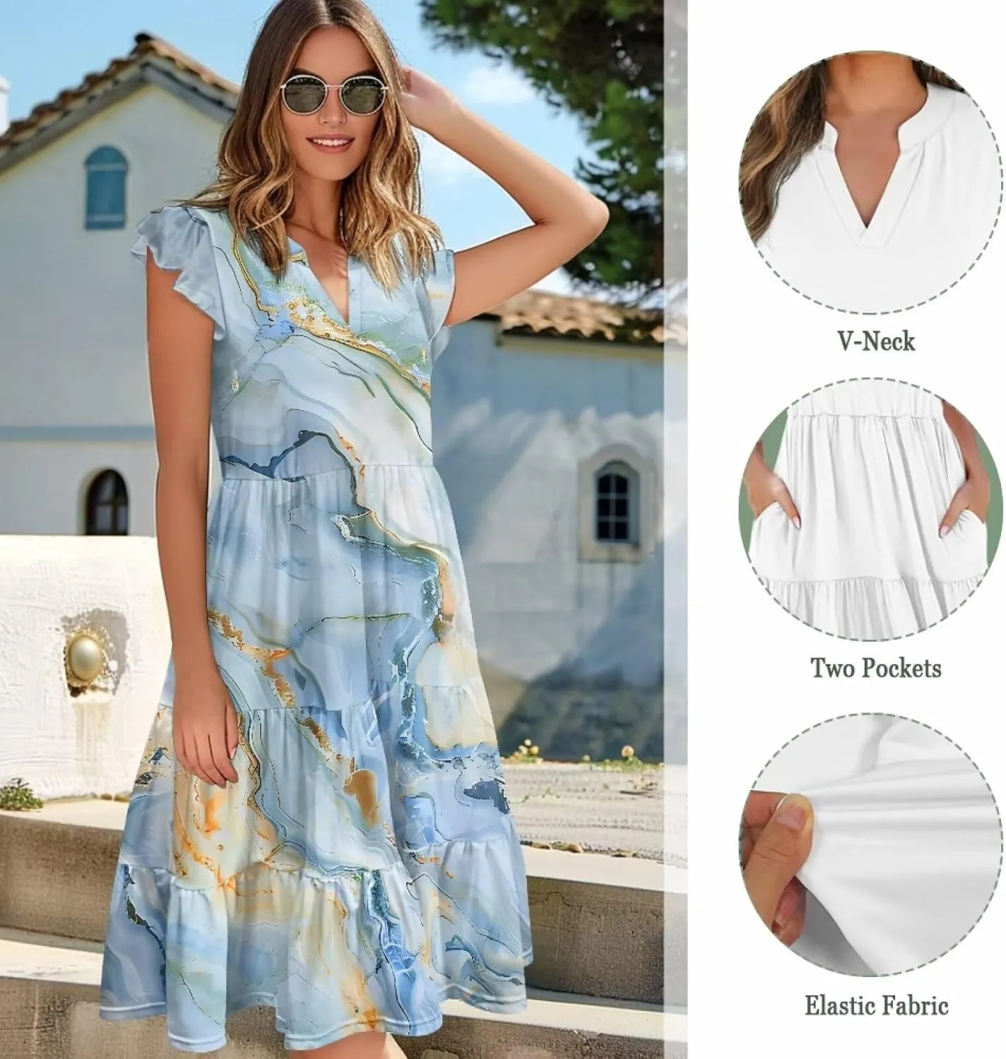 Women's Bohemian Summer Casual Dresses Flowing V-Neck A-Line Dresses with Pocket Plus Size S-2XL