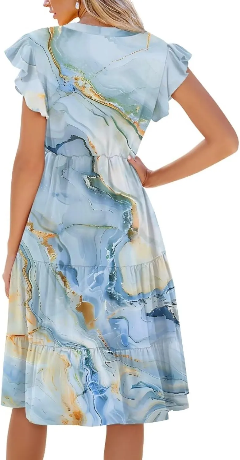 Women's Bohemian Summer Casual Dresses Flowing V-Neck A-Line Dresses with Pocket Plus Size S-2XL