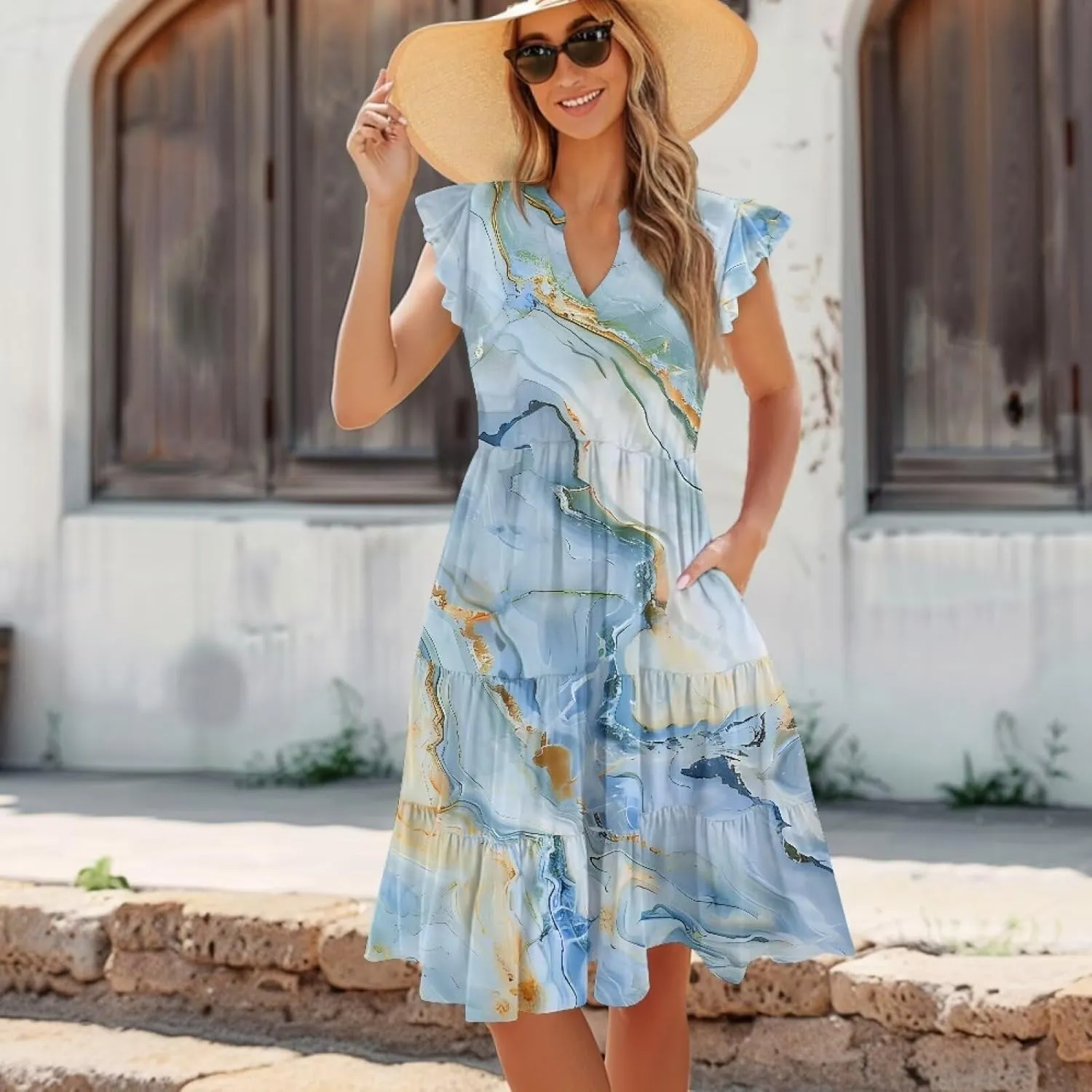 Women's Bohemian Summer Casual Dresses Flowing V-Neck A-Line Dresses with Pocket Plus Size S-2XL