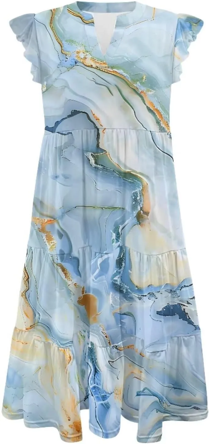 Women's Bohemian Summer Casual Dresses Flowing V-Neck A-Line Dresses with Pocket Plus Size S-2XL