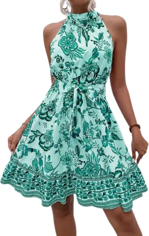 Women's Boho Floral Sundress Halter Neck A-line Sleeveless Flowy Midi Dresses 2025 Summer Casual Beach Vacation Mini Dress