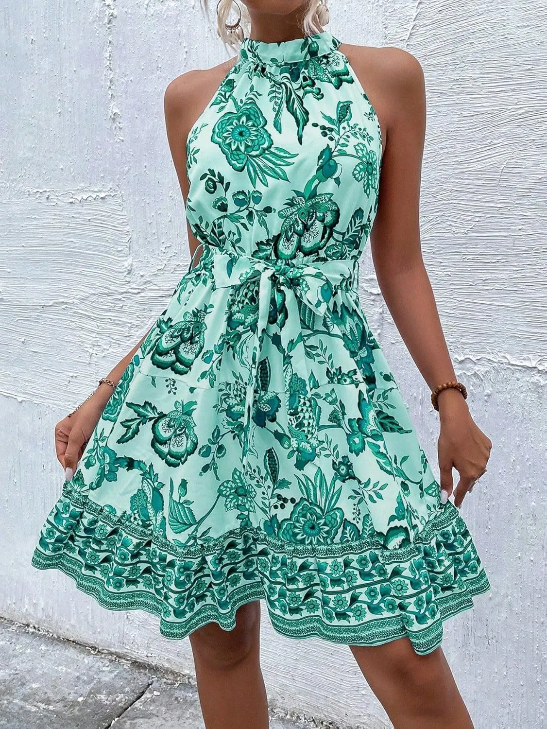 Women's Boho Floral Sundress Halter Neck A-line Sleeveless Flowy Midi Dresses 2025 Summer Casual Beach Vacation Mini Dress