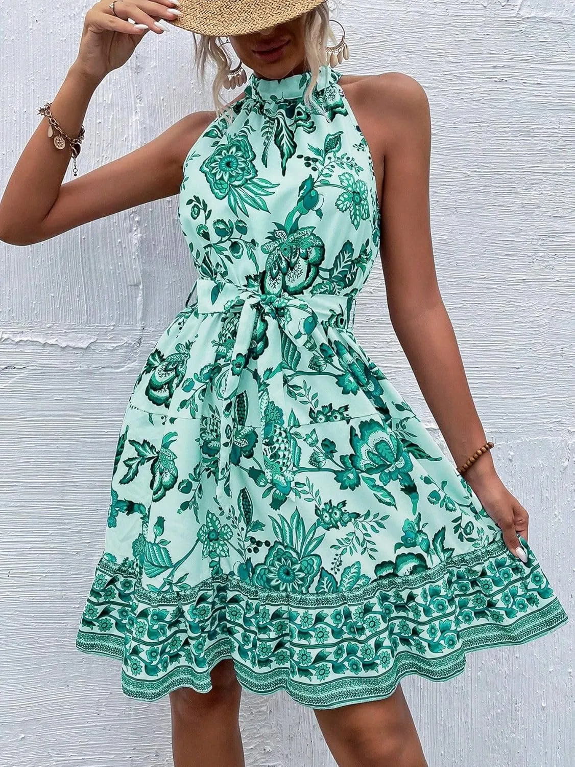 Women's Boho Floral Sundress Halter Neck A-line Sleeveless Flowy Midi Dresses 2025 Summer Casual Beach Vacation Mini Dress