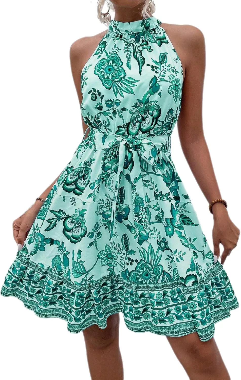 Women's Boho Floral Sundress Halter Neck A-line Sleeveless Flowy Midi Dresses 2025 Summer Casual Beach Vacation Mini Dress