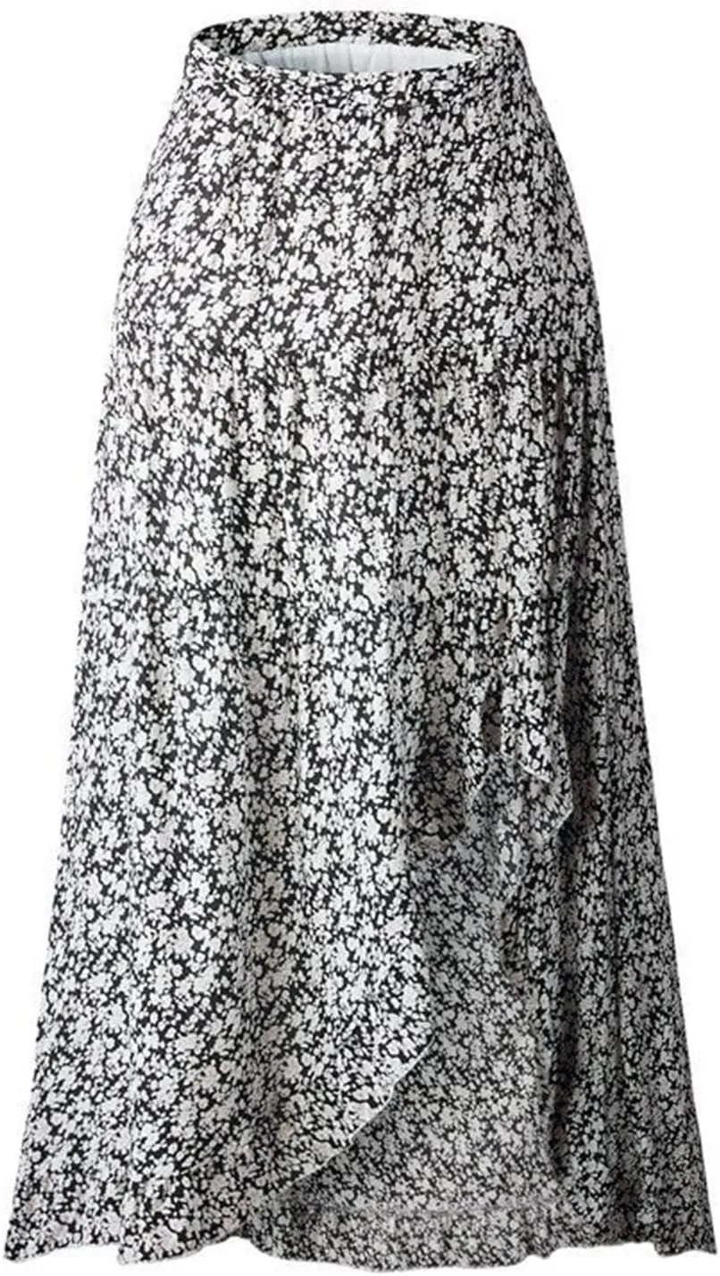 Women's Boho Floral Wrap Maxi Skirt Elastic Tiered Ruffle Polka Dot Pleated Midi Skirt High Waisted Long Swing Skirt