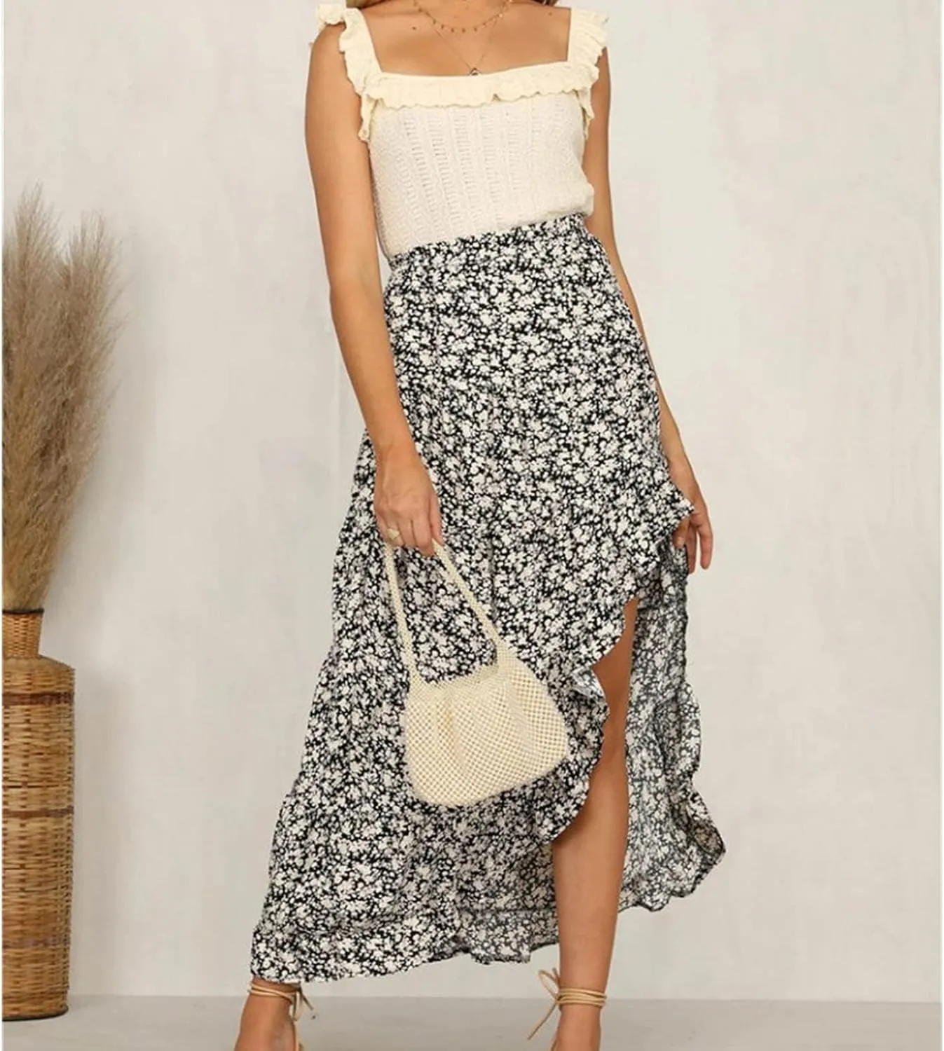 Women's Boho Floral Wrap Maxi Skirt Elastic Tiered Ruffle Polka Dot Pleated Midi Skirt High Waisted Long Swing Skirt