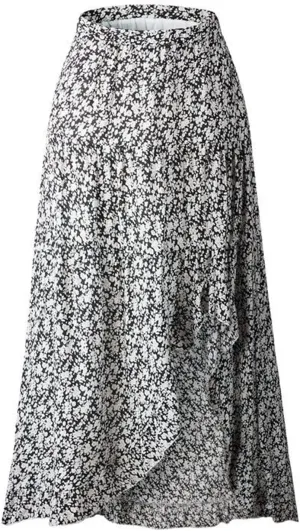 Women's Boho Floral Wrap Maxi Skirt Elastic Tiered Ruffle Polka Dot Pleated Midi Skirt High Waisted Long Swing Skirt