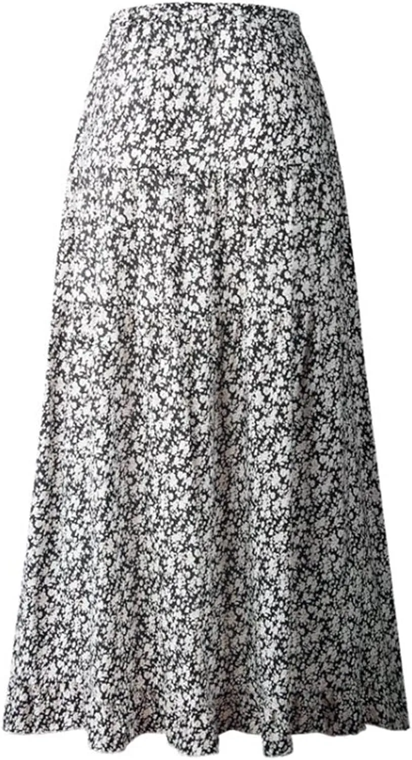 Women's Boho Floral Wrap Maxi Skirt Elastic Tiered Ruffle Polka Dot Pleated Midi Skirt High Waisted Long Swing Skirt