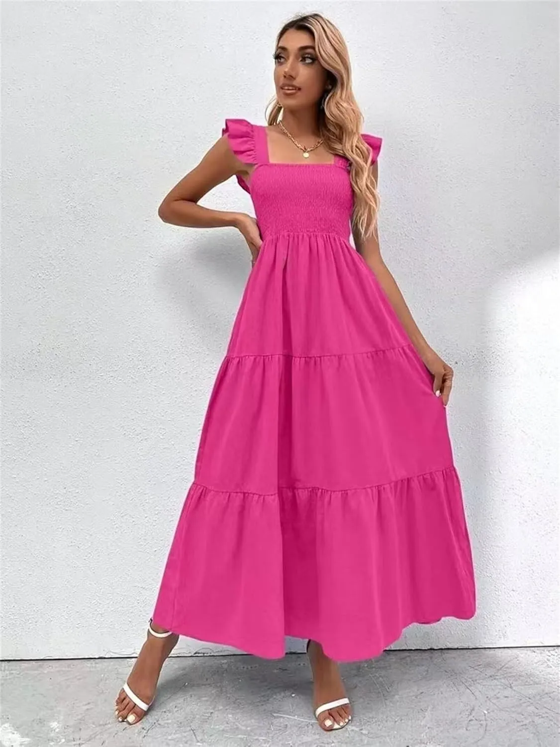 Women's Boho Maxi Dress Flowy Casual Square Neck Sleeveless Wedding Guest Holiday Beach Long Dress Summer Dresses