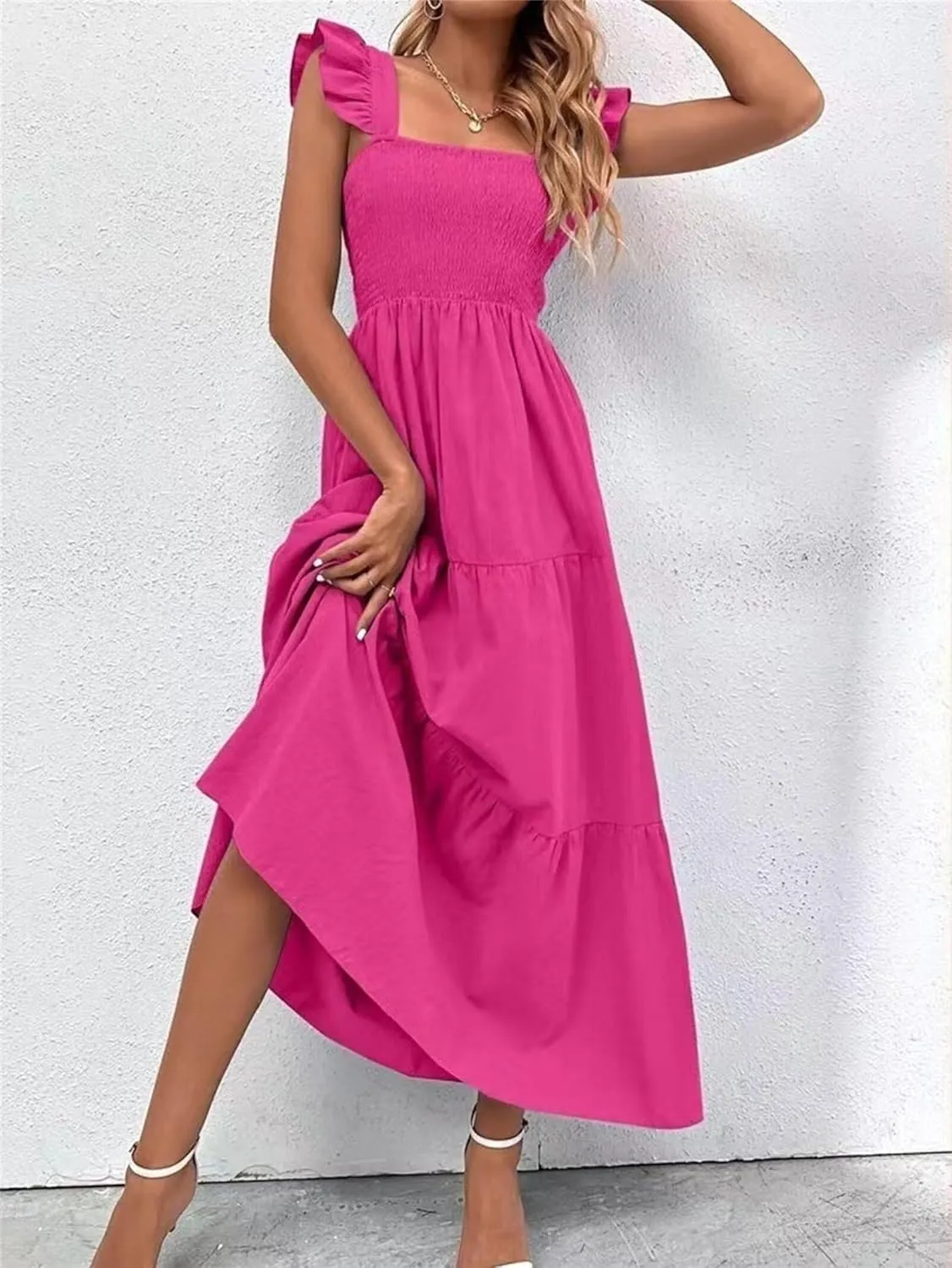 Women's Boho Maxi Dress Flowy Casual Square Neck Sleeveless Wedding Guest Holiday Beach Long Dress Summer Dresses