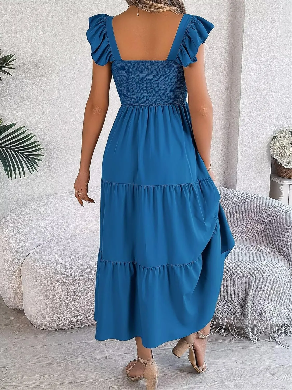 Women's Boho Maxi Dress Flowy Casual Square Neck Sleeveless Wedding Guest Holiday Beach Long Dress Summer Dresses