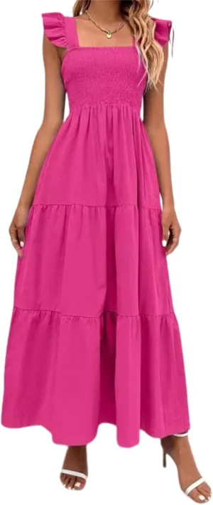 Women's Boho Maxi Dress Flowy Casual Square Neck Sleeveless Wedding Guest Holiday Beach Long Dress Summer Dresses