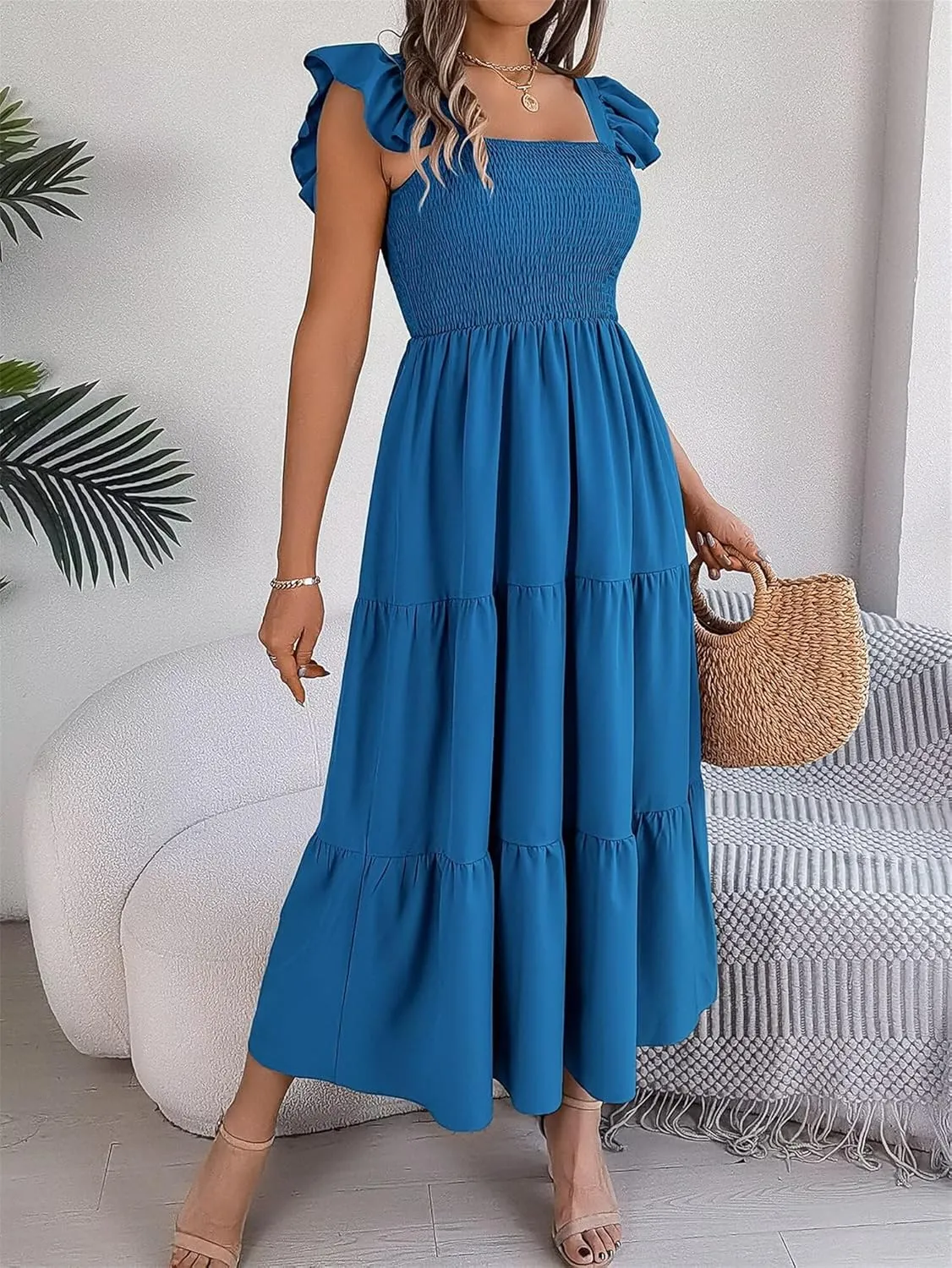 Women's Boho Maxi Dress Flowy Casual Square Neck Sleeveless Wedding Guest Holiday Beach Long Dress Summer Dresses
