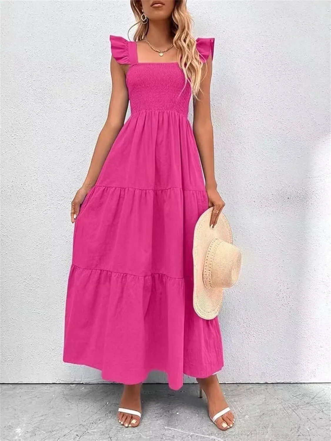 Women's Boho Maxi Dress Flowy Casual Square Neck Sleeveless Wedding Guest Holiday Beach Long Dress Summer Dresses