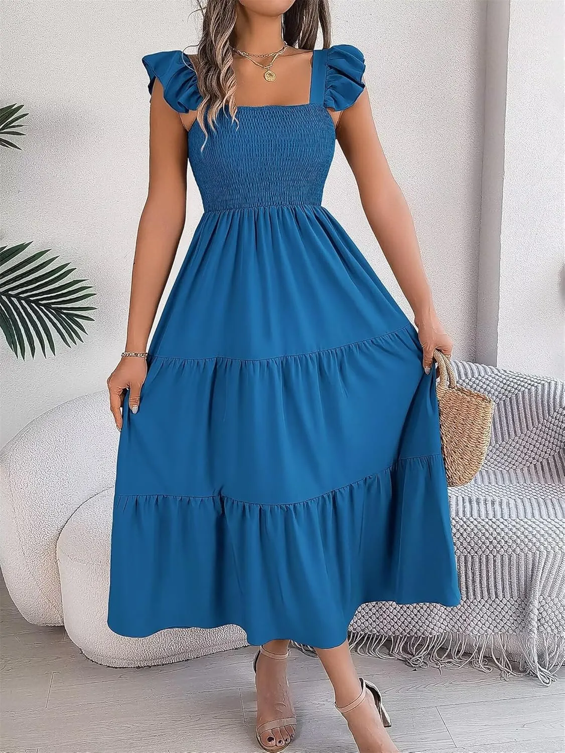 Women's Boho Maxi Dress Flowy Casual Square Neck Sleeveless Wedding Guest Holiday Beach Long Dress Summer Dresses