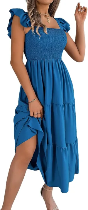 Women's Boho Maxi Dress Flowy Casual Square Neck Sleeveless Wedding Guest Holiday Beach Long Dress Summer Dresses