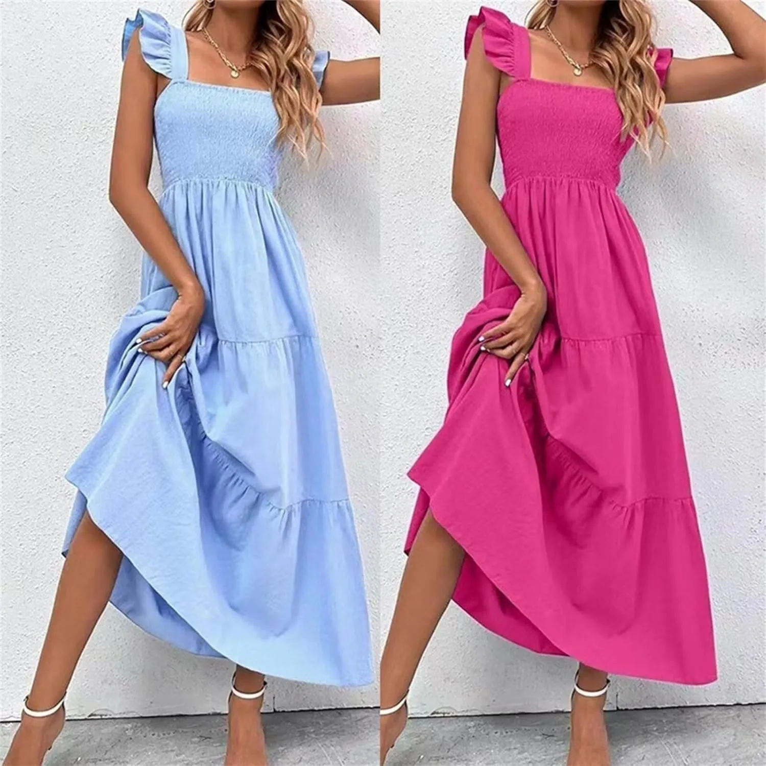 Women's Boho Maxi Dress Flowy Casual Square Neck Sleeveless Wedding Guest Holiday Beach Long Dress Summer Dresses