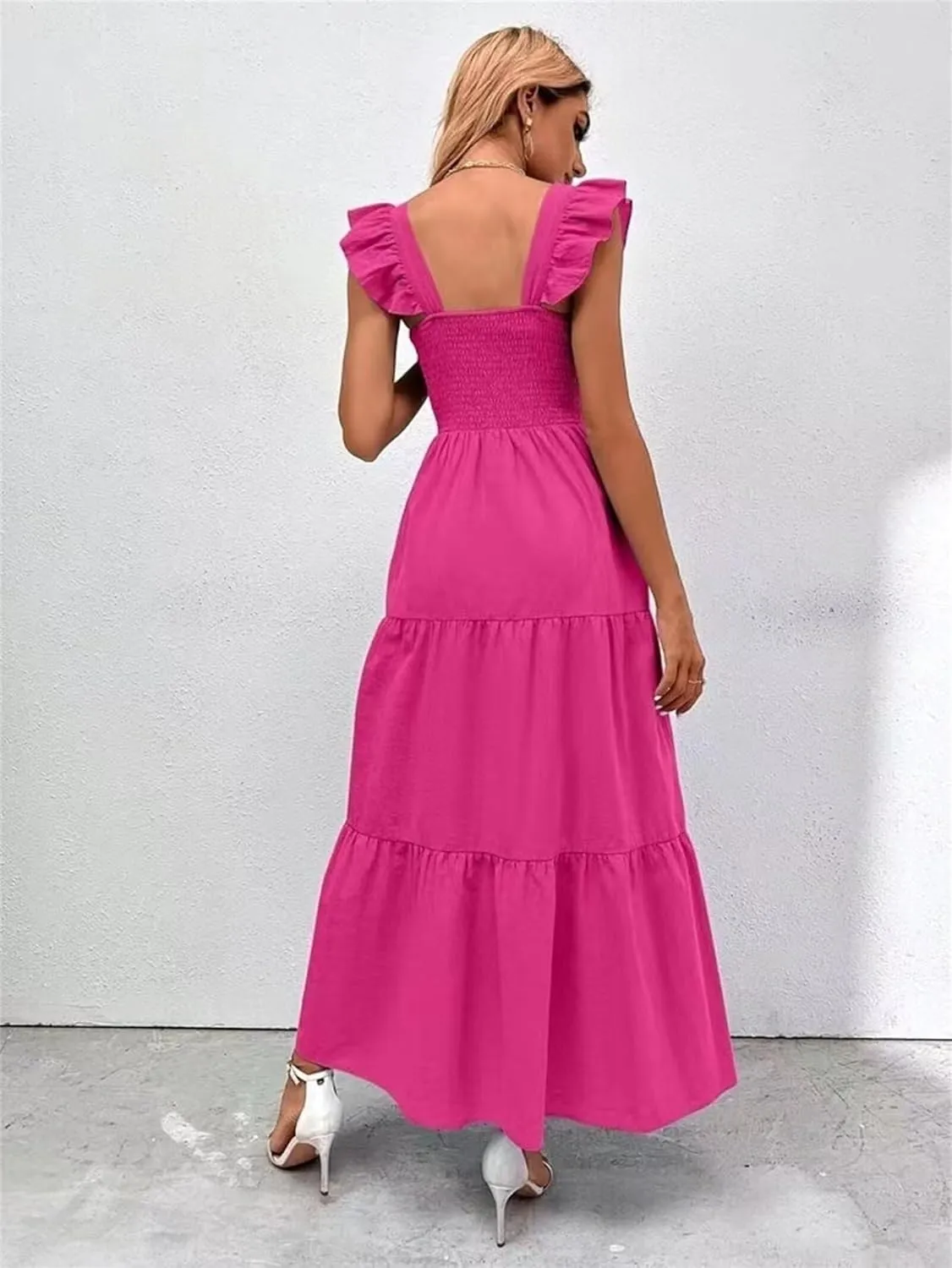 Women's Boho Maxi Dress Flowy Casual Square Neck Sleeveless Wedding Guest Holiday Beach Long Dress Summer Dresses