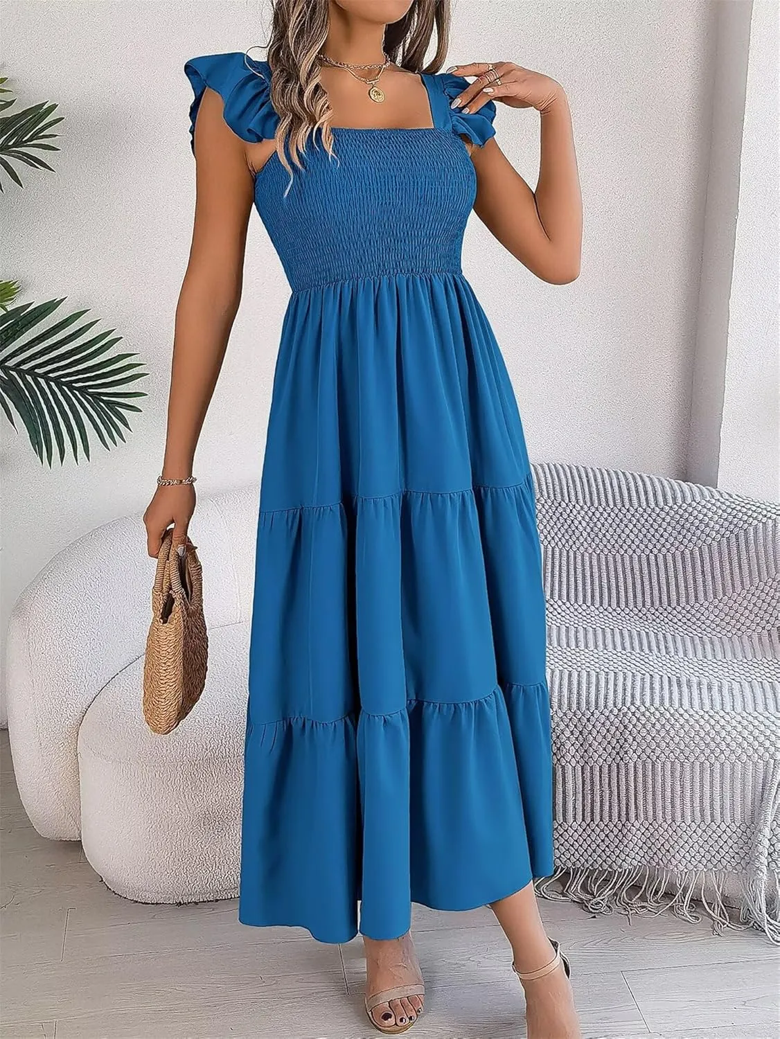Women's Boho Maxi Dress Flowy Casual Square Neck Sleeveless Wedding Guest Holiday Beach Long Dress Summer Dresses