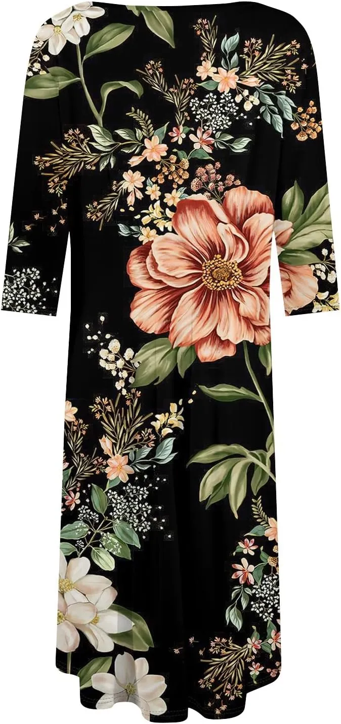 Women's Casual Dresses Summer Casual Loose Trendy 3/4 Sleeve Floral Stripe Printed Boho Dress Plus Size, S-3XL