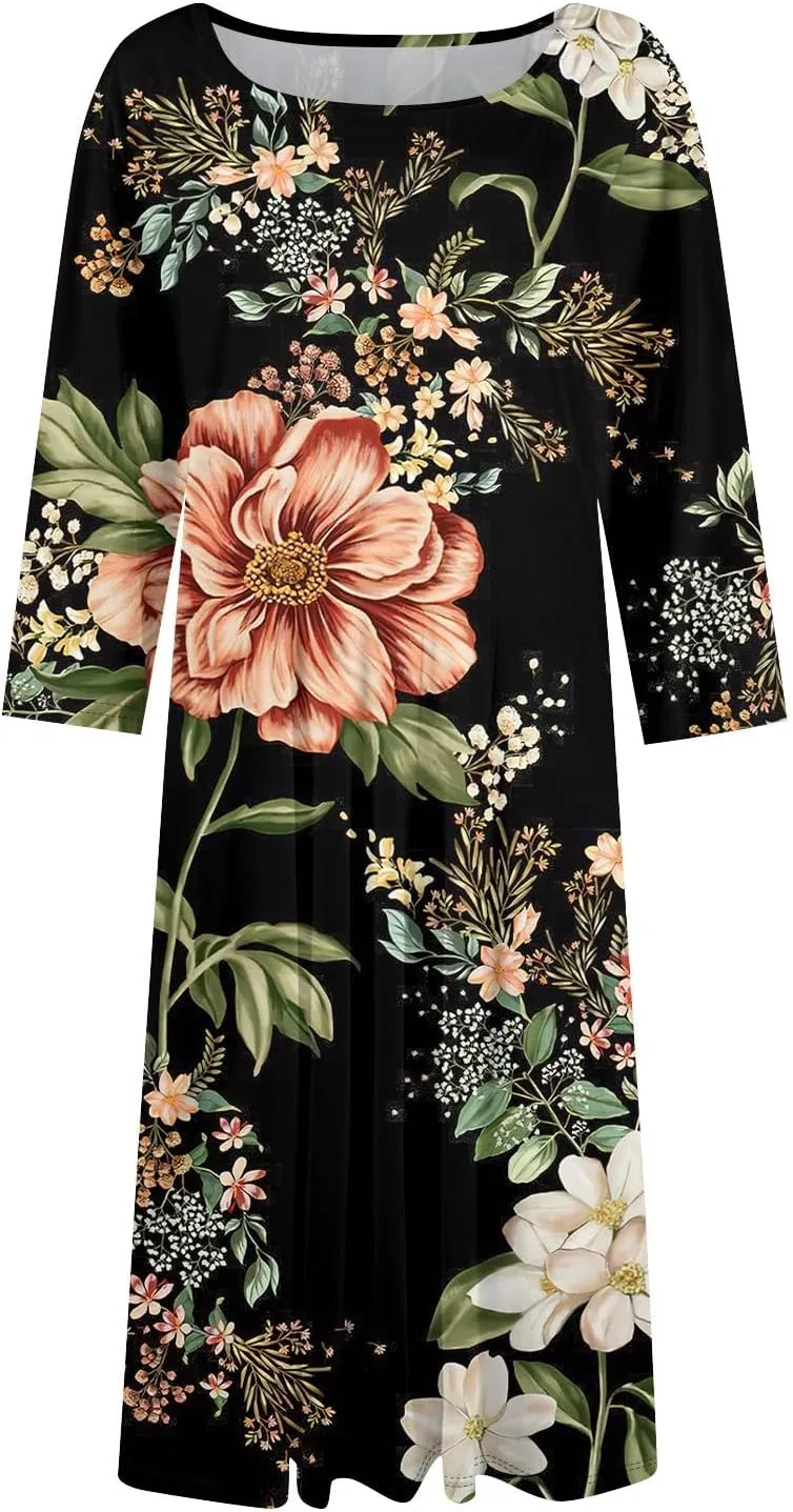Women's Casual Dresses Summer Casual Loose Trendy 3/4 Sleeve Floral Stripe Printed Boho Dress Plus Size, S-3XL