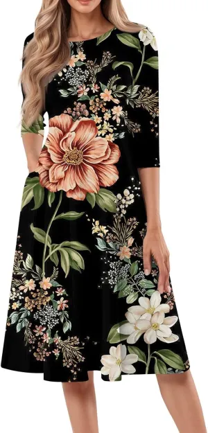 Women's Casual Dresses Summer Casual Loose Trendy 3/4 Sleeve Floral Stripe Printed Boho Dress Plus Size, S-3XL