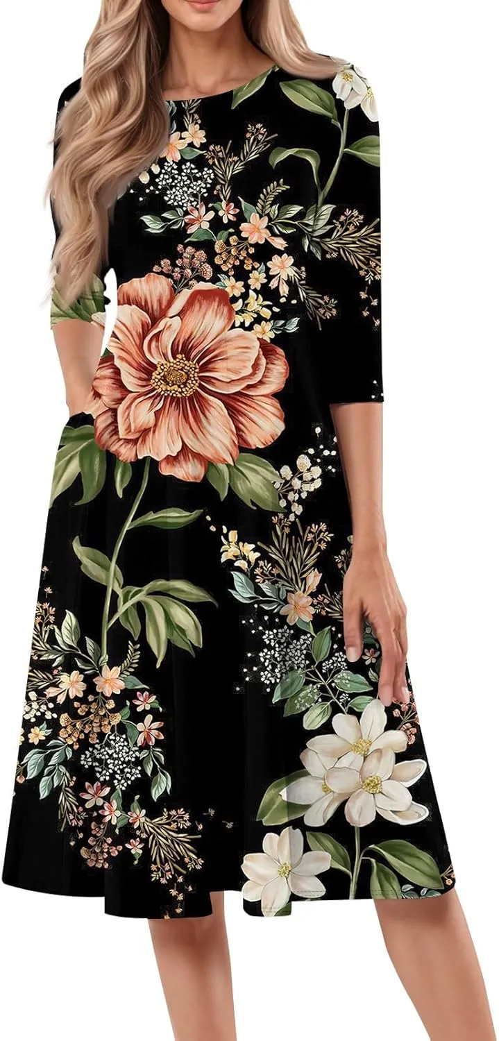 Women's Casual Dresses Summer Casual Loose Trendy 3/4 Sleeve Floral Stripe Printed Boho Dress Plus Size, S-3XL