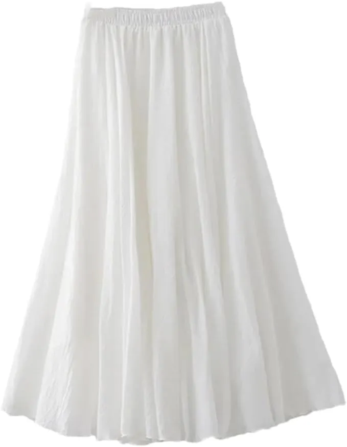 Womens Casual Elastic High Waist Pleated A-Line Beach Skirts Solid Midi Casual Skirt