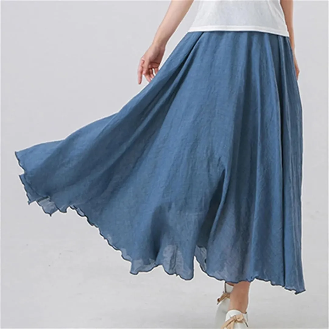 Womens Casual Elastic High Waist Pleated A-Line Beach Skirts Solid Midi Casual Skirt