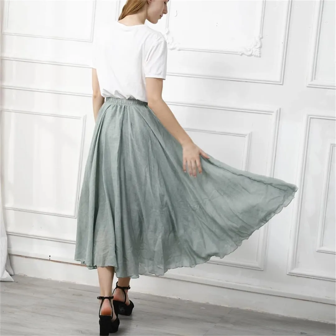 Womens Casual Elastic High Waist Pleated A-Line Beach Skirts Solid Midi Casual Skirt