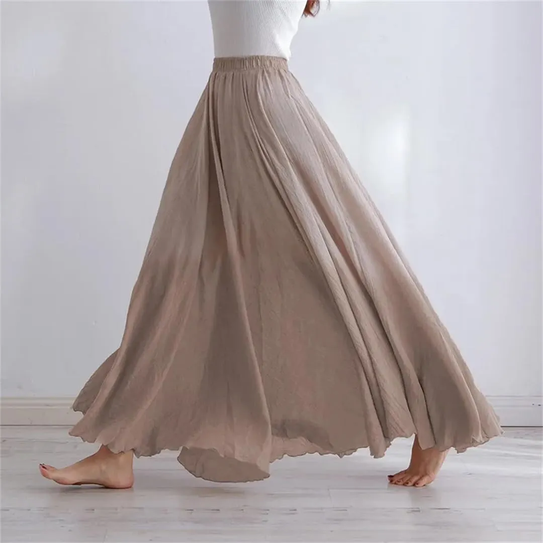 Womens Casual Elastic High Waist Pleated A-Line Beach Skirts Solid Midi Casual Skirt