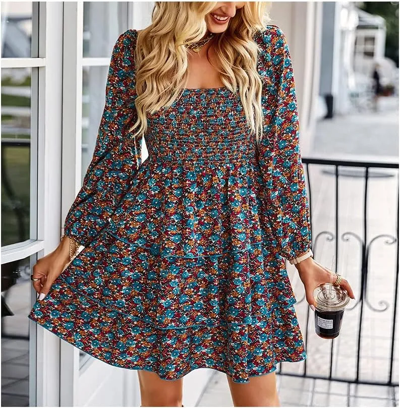 Women's Casual Long Sleeve Floral Ruffle Backless Dress Square Neck Elastic Waist Party Mini Dress