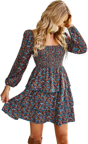 Women's Casual Long Sleeve Floral Ruffle Backless Dress Square Neck Elastic Waist Party Mini Dress