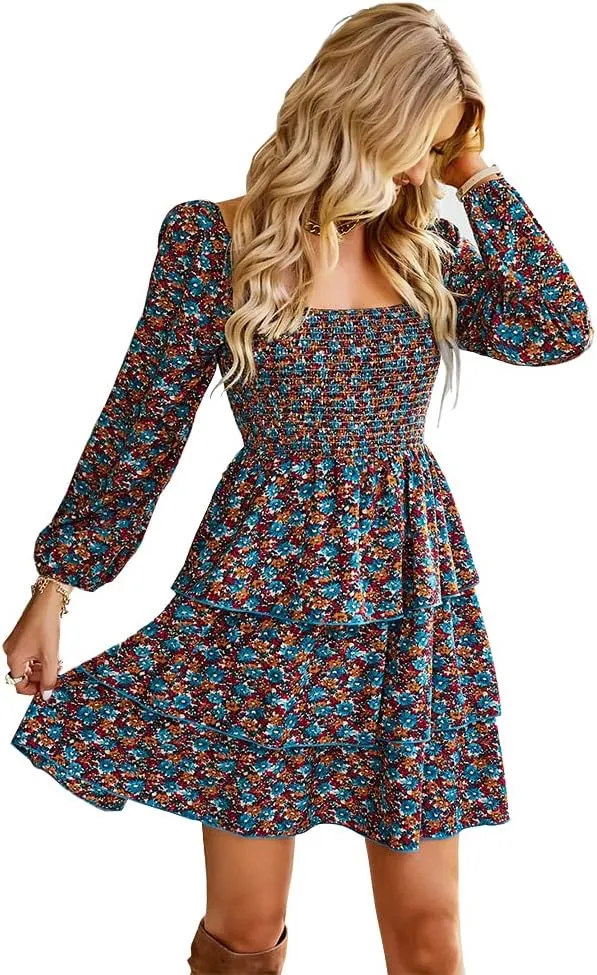 Women's Casual Long Sleeve Floral Ruffle Backless Dress Square Neck Elastic Waist Party Mini Dress