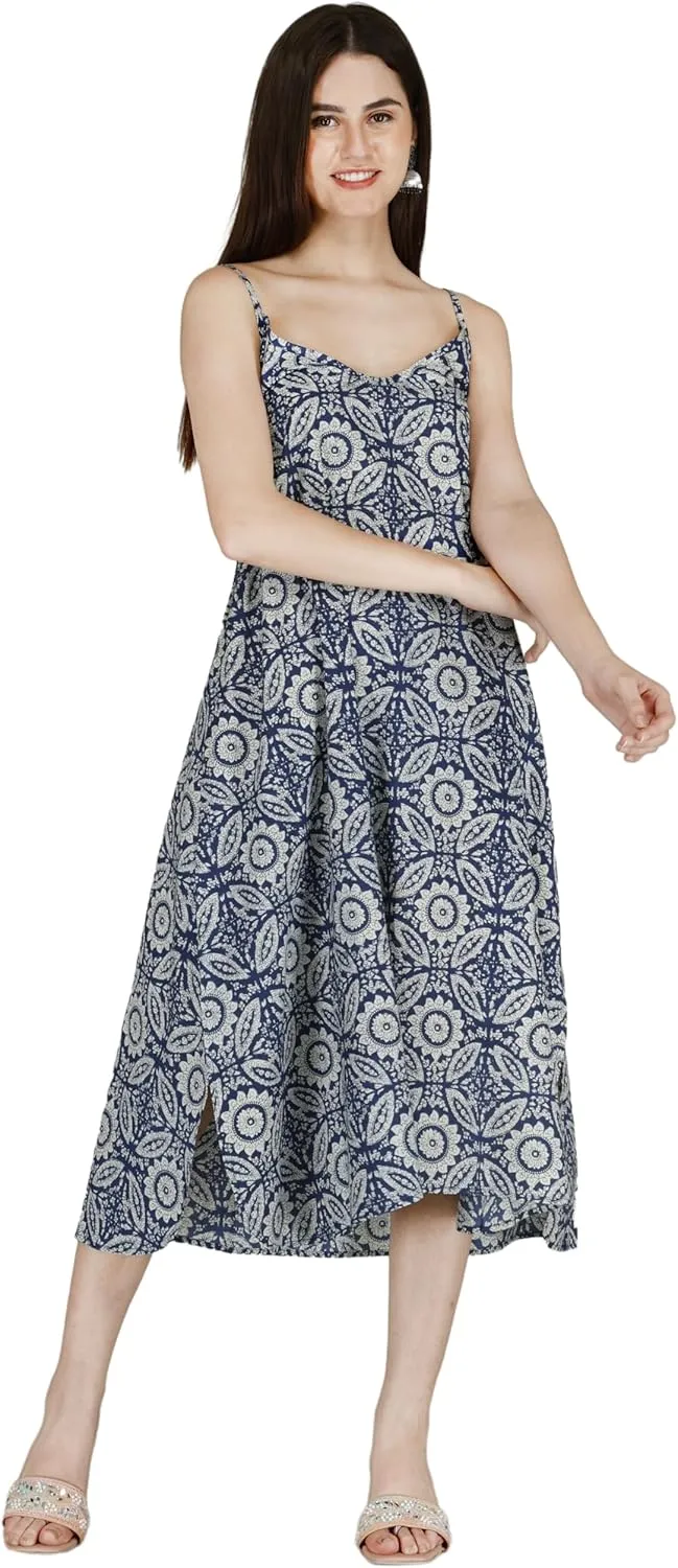 Women's Casual Loose Floral Summer Beach Midi Dresses Spaghetti Strap