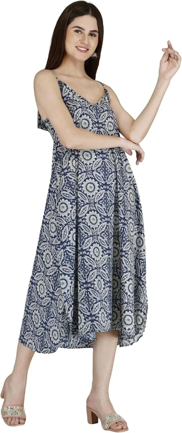 Women's Casual Loose Floral Summer Beach Midi Dresses Spaghetti Strap
