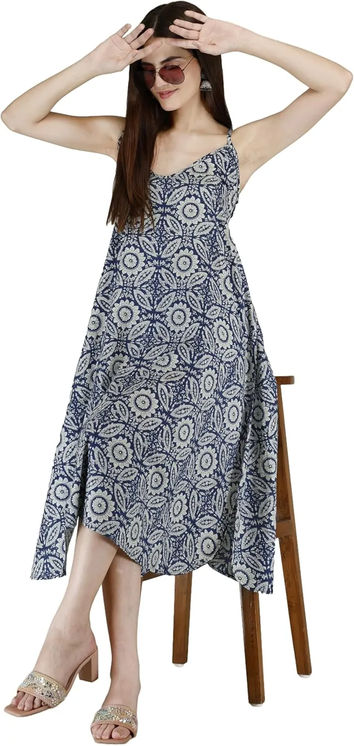 Women's Casual Loose Floral Summer Beach Midi Dresses Spaghetti Strap