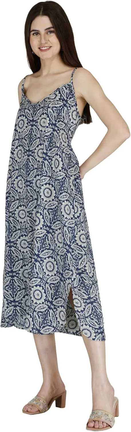 Women's Casual Loose Floral Summer Beach Midi Dresses Spaghetti Strap