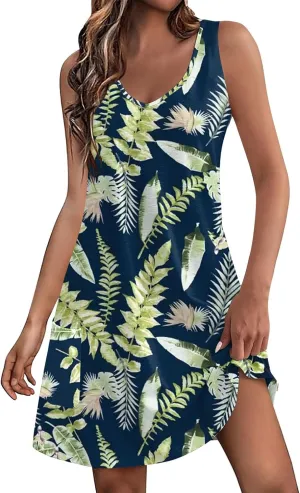 Women's Casual Sundress with Pockets Summer Boho Beach Dress Floral Blouses T-Shirts Dress Tank, S-3XL