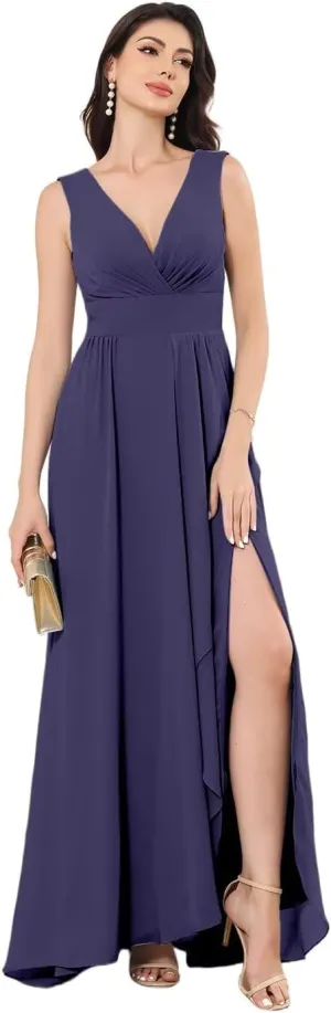 Women's Chiffon Bridesmaid Dresses Double V Neck Sleeveless Wedding Guest Dress Slit Formal Evening Dress