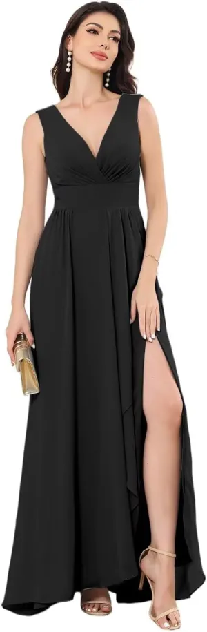Women's Chiffon Bridesmaid Dresses Double V Neck Sleeveless Wedding Guest Dress Slit Formal Evening Dress