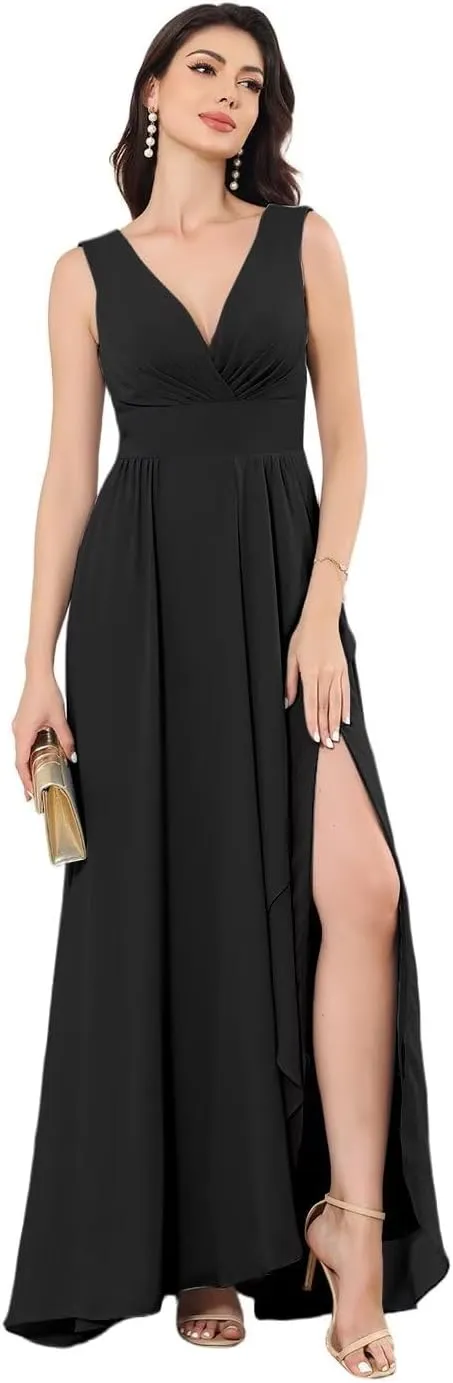 Women's Chiffon Bridesmaid Dresses Double V Neck Sleeveless Wedding Guest Dress Slit Formal Evening Dress