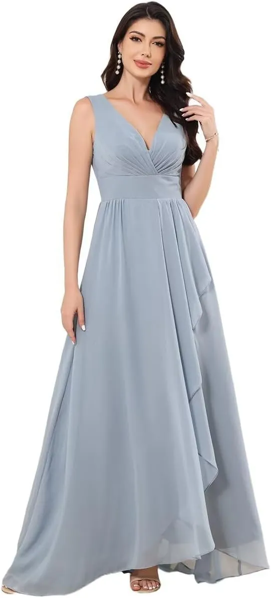 Women's Chiffon Bridesmaid Dresses Double V Neck Sleeveless Wedding Guest Dress Slit Formal Evening Dress
