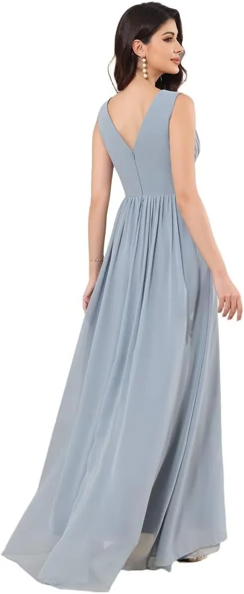 Women's Chiffon Bridesmaid Dresses Double V Neck Sleeveless Wedding Guest Dress Slit Formal Evening Dress