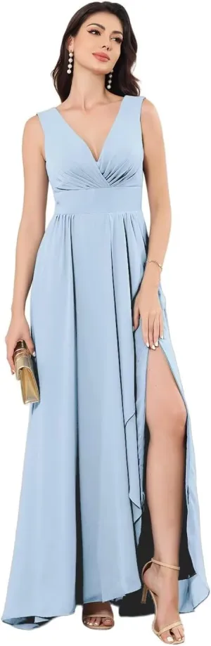 Women's Chiffon Bridesmaid Dresses Double V Neck Sleeveless Wedding Guest Dress Slit Formal Evening Dress