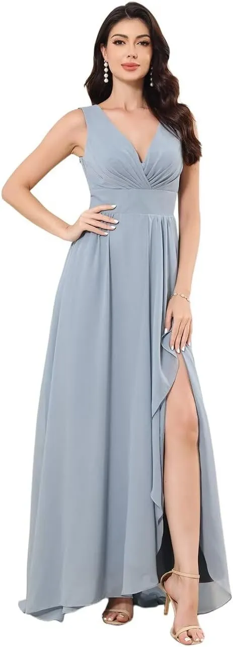 Women's Chiffon Bridesmaid Dresses Double V Neck Sleeveless Wedding Guest Dress Slit Formal Evening Dress