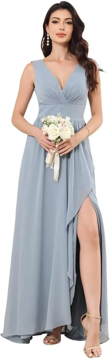 Women's Chiffon Bridesmaid Dresses Double V Neck Sleeveless Wedding Guest Dress Slit Formal Evening Dress