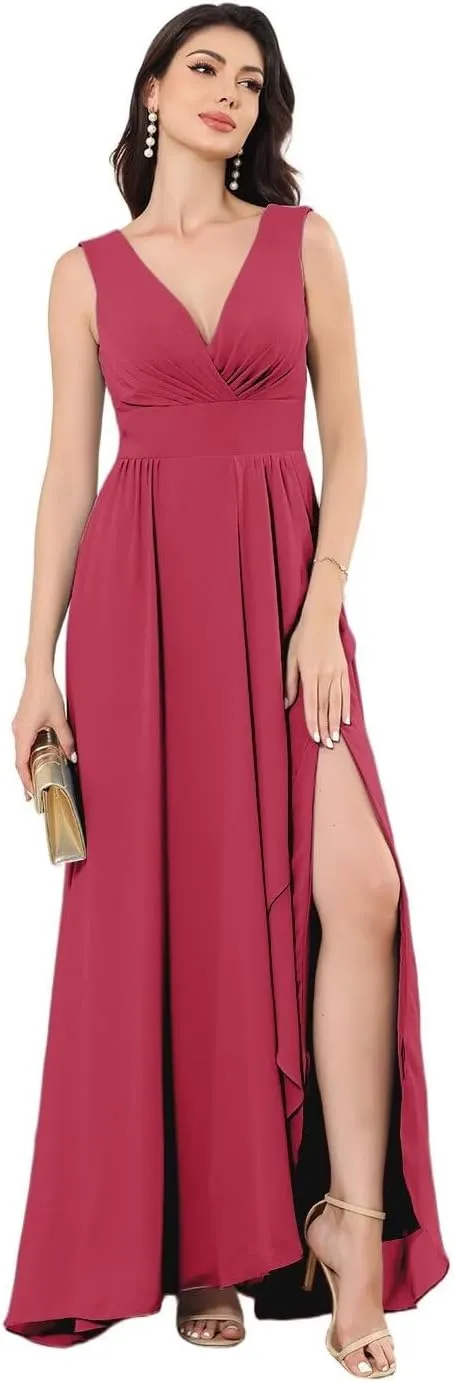 Women's Chiffon Bridesmaid Dresses Double V Neck Sleeveless Wedding Guest Dress Slit Formal Evening Dress